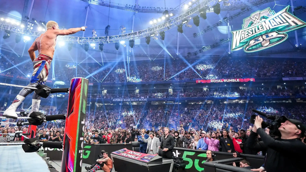 Cody-Rhodes-points-to-WrestleMania-40-sign-at-Royal-Rumble-2024